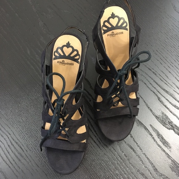 NWOT Black Suede Gladiator Cutout Wedge Sandal - Picture 2 of 6